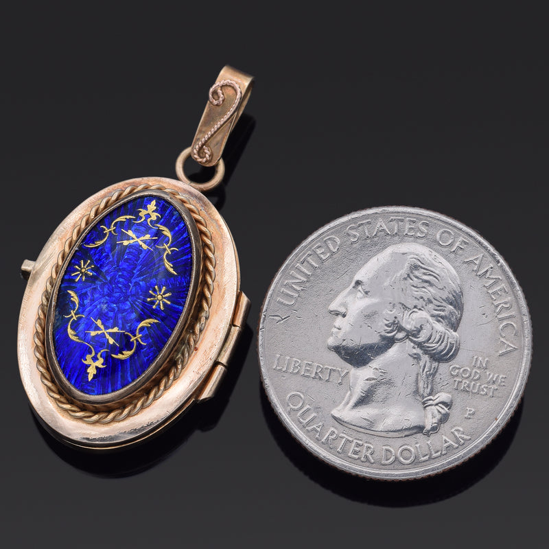 Antique 14K Yellow Gold Blue Enamel Oval Locket Pendant