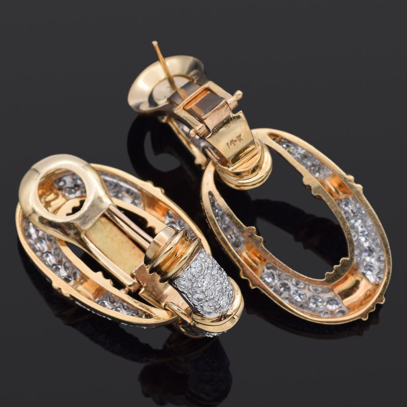 Vintage 14K Yellow Gold 3.84 TCW Diamond Omega Back Dangle Earrings