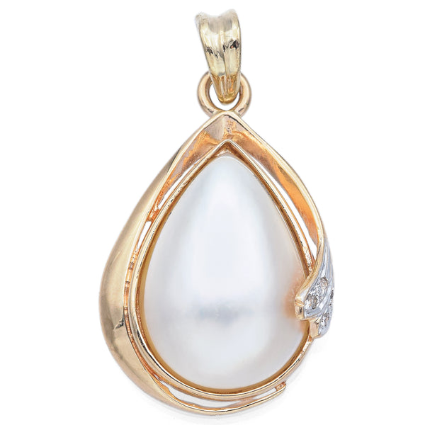 Vintage 14K Yellow Gold Pear Mabe Pearl & Diamond Pendant