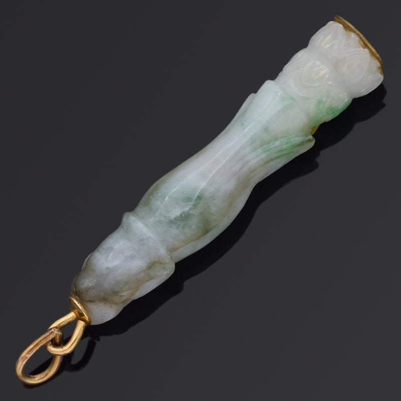 Vintage 14K Yellow Gold Translucent Green Jade Carved Kwan Yin Pendant