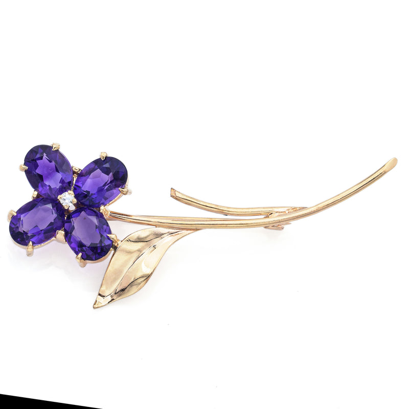 Vintage 14K Yellow Gold Amethyst & Diamond Floral Brooch Pin