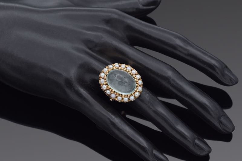 Vintage 14K Yellow Gold 12.81 Ct Aquamarine & Pearl Cocktail Ring Size 7