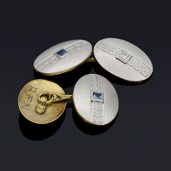 Antique TH Signed Platinum & 14K Yellow Gold Sapphire & Diamond Cufflinks