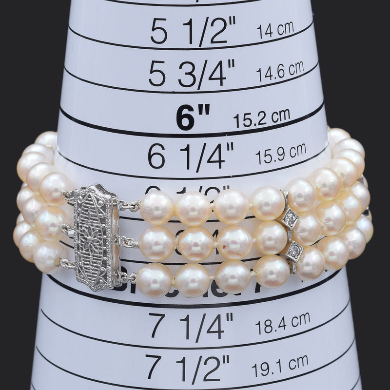 Vintage 14K White Gold Diamond & Pearl Multi-Strand Bracelet