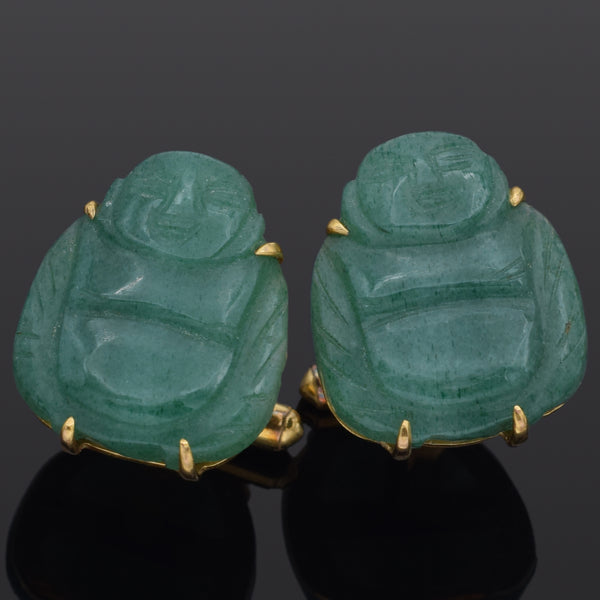 Vintage 14K Yellow Gold Aventurine Carved Buddha Large Cufflinks 13.2 Grams