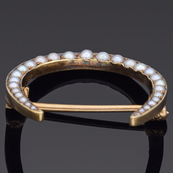 Antique 14K Yellow Gold Pearl Horseshoe Brooch Pin