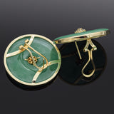 Vintage 14K Yellow Gold Green Jade & Diamond Large Round Omega-Back Earrings