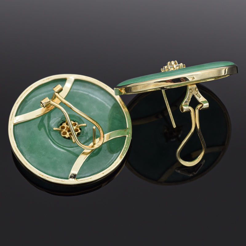 Vintage 14K Yellow Gold Green Jade & Diamond Large Round Omega-Back Earrings