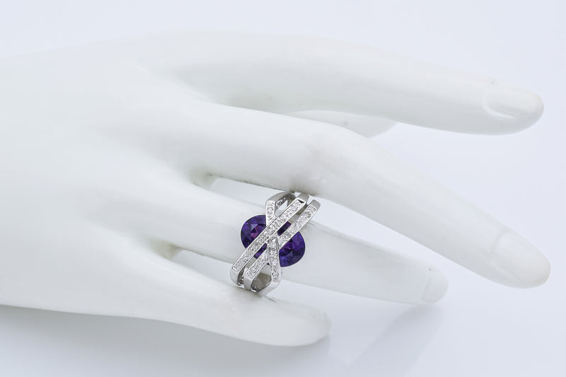 Estate 18K White Gold Amethyst & 0.34 TCW Diamond Ring & Omega-Back Earrings Set