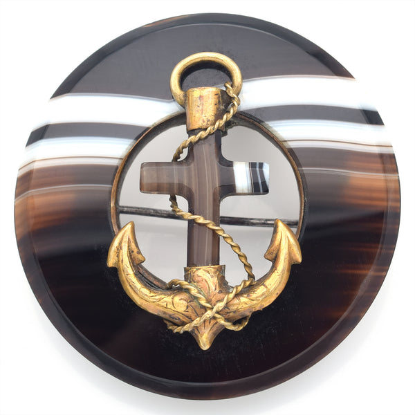 Antique Scottish Agate Gold Filled Cross Anchor Round Brooch Pin