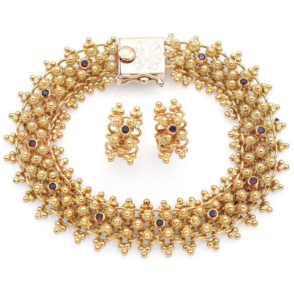 Estate 14K Yellow Gold Garnet Chain Bracelet and Stud Earrings Set