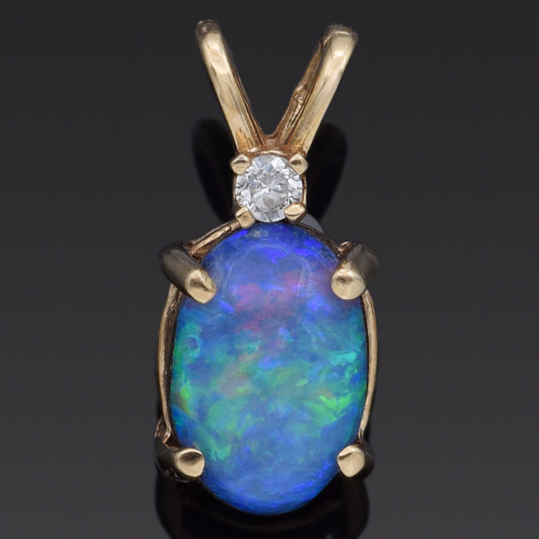 Vintage 14K Yellow Gold Boulder Opal & Diamond Charm Pendant
