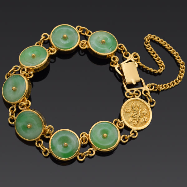 Vintage 23K Yellow Gold Green Jade Round Link Bracelet