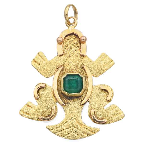 Vintage 18K Yellow Gold Colombian Emerald Pre-Colombian Pendant