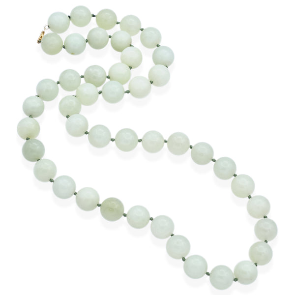 Estate 14K Yellow Gold Pale Green Jade Beaded Strand Necklace
