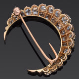 Antique 14K Yellow Gold 3.22 TCW Old Mine Cut Diamond Crescent Moon Brooch Pin