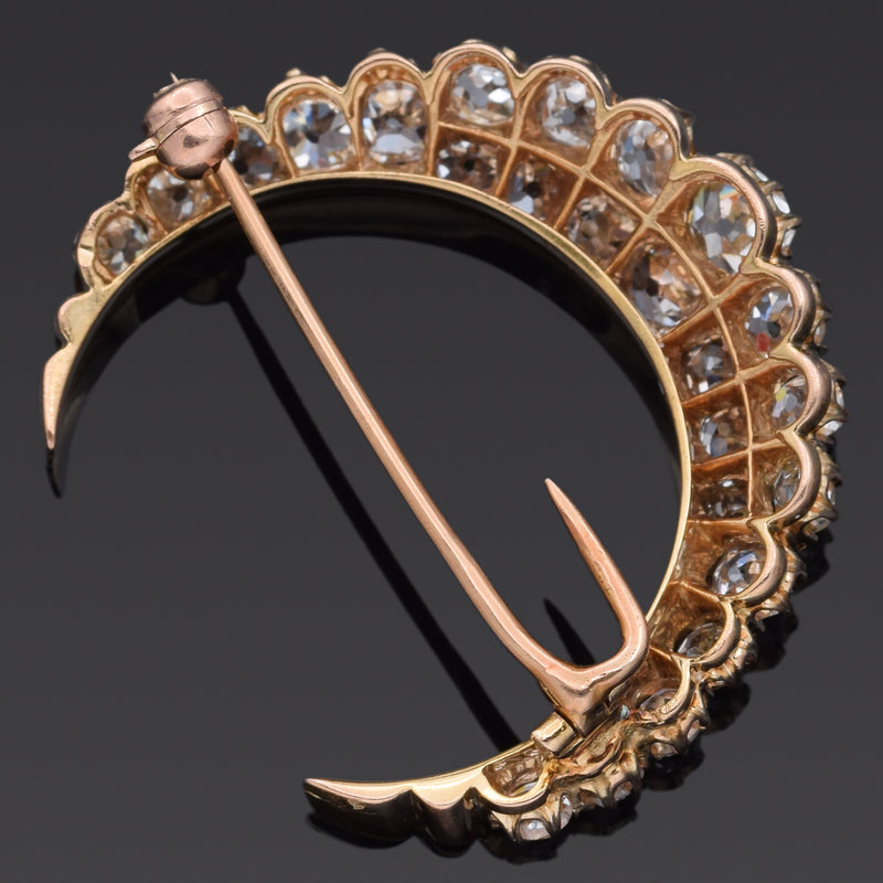 Antique 14K Yellow Gold 3.22 TCW Old Mine Cut Diamond Crescent Moon Brooch Pin