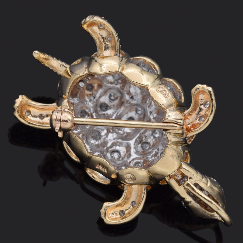Estate 14K Yellow Gold 0.65 TCW Diamond Articulated Turtle Brooch Pin Pendant