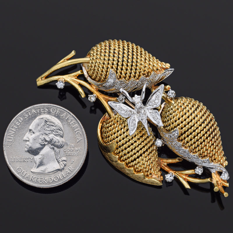 Vintage Yellow & White Gold 0.58 TCW Diamond Butterfly Floral Brooch Pin