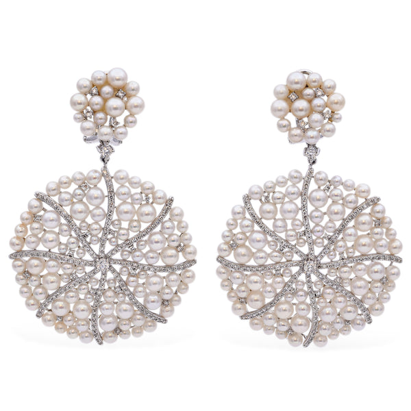 Estate 18K White Gold Pearl & 1.06 TCW Diamond Swirl Omega-Back Dangle Earrings