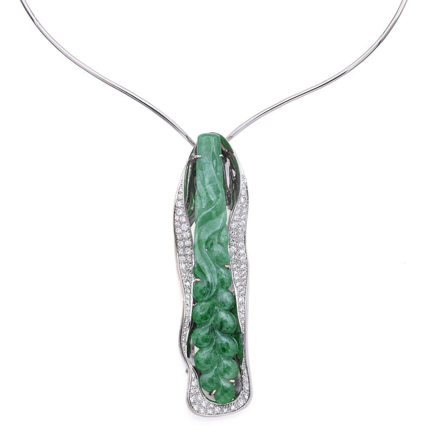 Vintage 18K Gold Carved Green Jade & 0.75 TCW Diamond Brooch Pendant Necklace