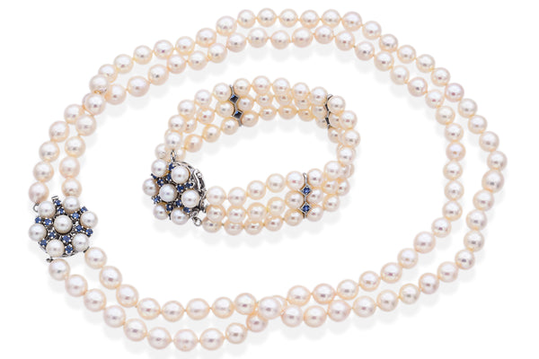 Vintage 14K White Gold Pearl Sapphire Beaded Multi-Strand Necklace Bracelet Set