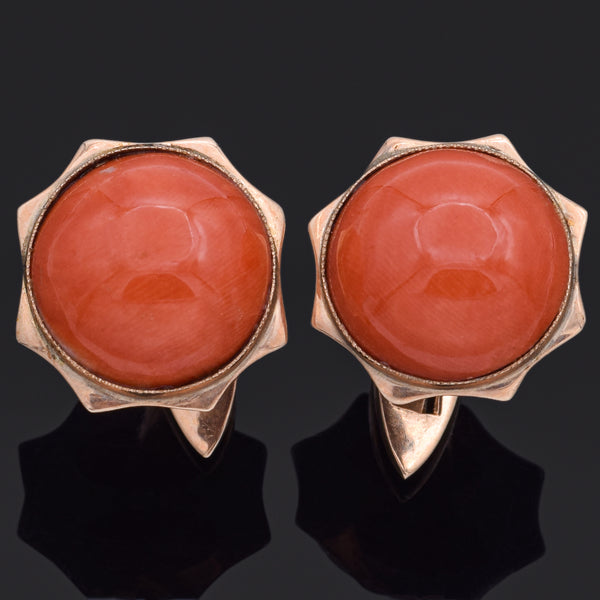 Vintage 18K Yellow Gold Red Coral Round Cabochon Cufflinks 17 mm
