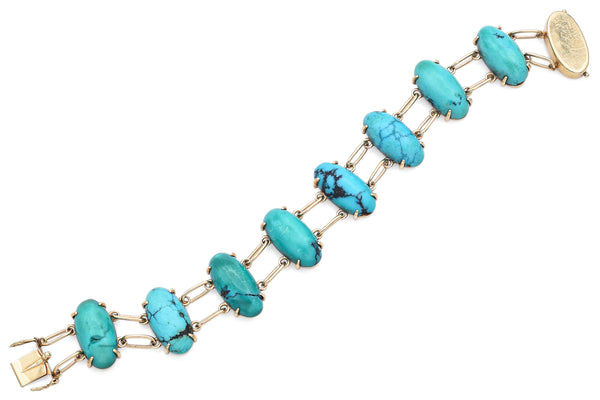 Vintage 14K Yellow Gold Persian Turquoise Oval Cabochon Link Bracelet