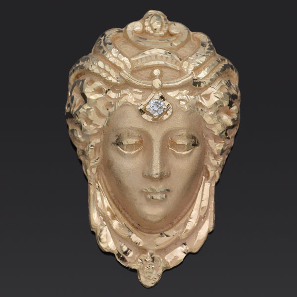 Vintage Diamond 14K Yellow Gold Lady Maiden's Face Pendant