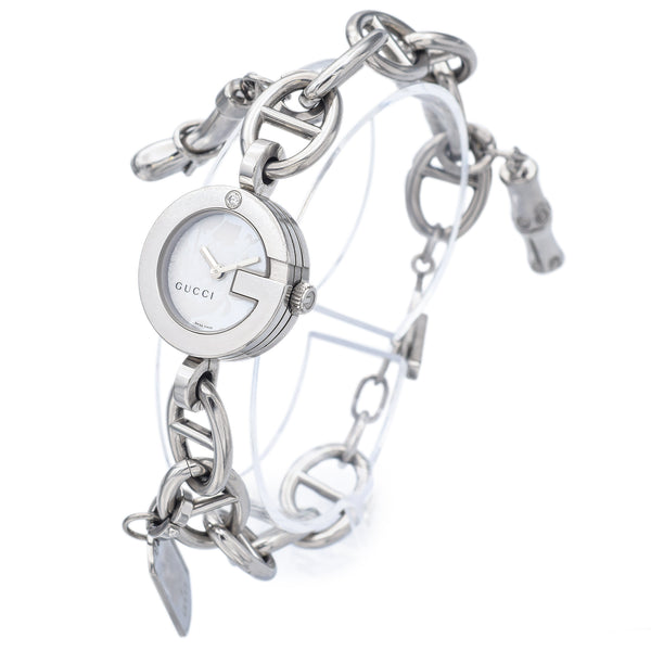 Vintage Gucci 107 Ladies Diamond Steel Quartz G Charm Bracelet Wristwatch