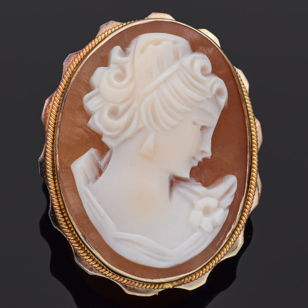 Antique 14K Yellow Gold Cameo Shell Brooch Pin Pendant 27 x 22 mm