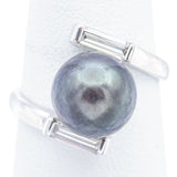 Vintage 14K White Gold Black Pearl & Diamond Bypass Band Ring Size 5.5