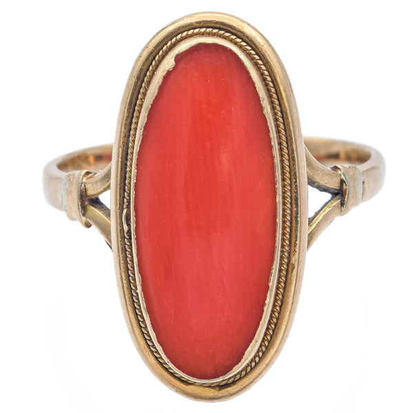 Vintage 18K Yellow Gold Red Coral Oval Cabochon Cocktail Ring Size 5.5