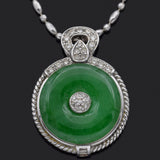 Vintage 18K White Gold Green Jade & 0.54 TCW Diamond Round Disc Pendant Necklace