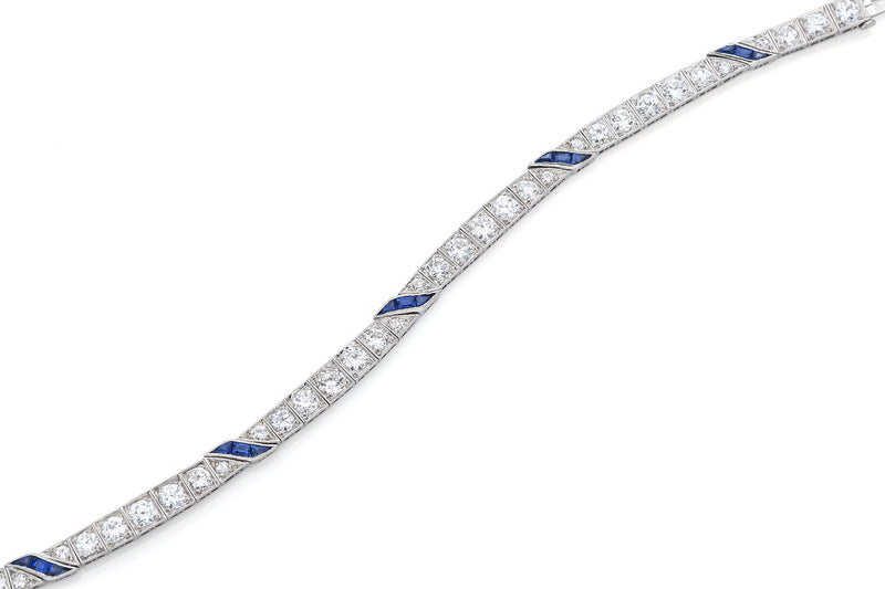 Antique Platinum Sapphire & 5.30 TCW Old Euro Diamond Tennis Bracelet