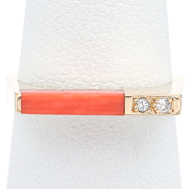Vintage 14K Yellow Gold Red Coral & Diamond Square Band Ring Size 3