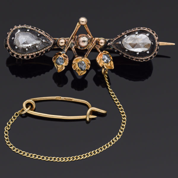 Antique Rose Cut Diamond 14K Yellow Gold & Sterling Silver Brooch Pin