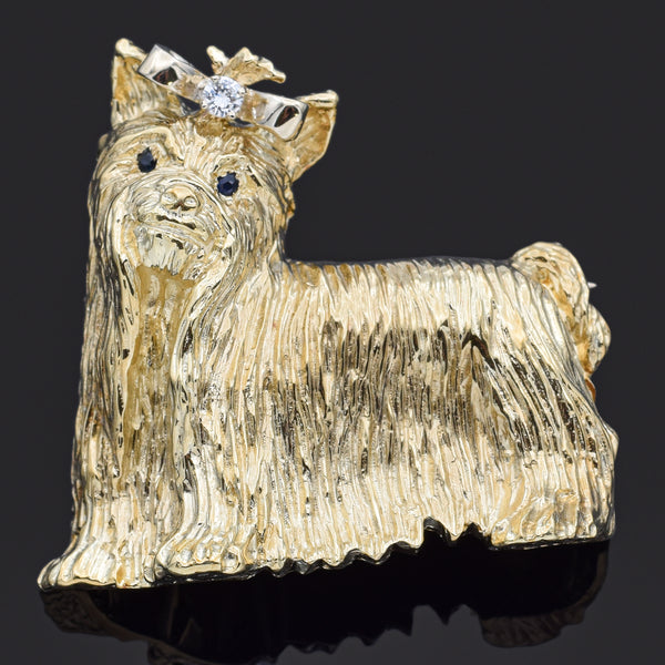 Vintage 14K Yellow Gold Sapphire & Diamond Yorkshire Terrier Dog Brooch Pin
