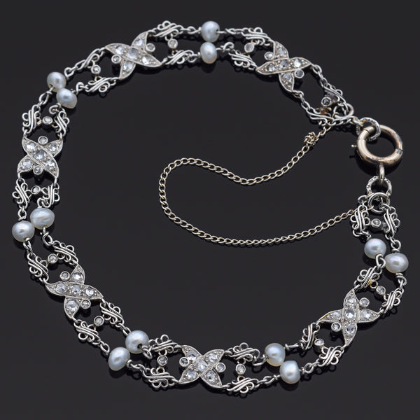 Antique Platinum 1.15 TCW Rose Cut Diamond & Pearl Chain Bracelet