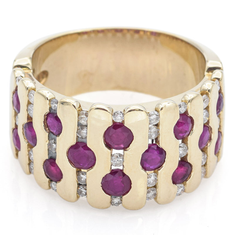 Vintage 14K Yellow Gold Ruby & 0.62 TCW Diamond Wide Band Ring Size 7