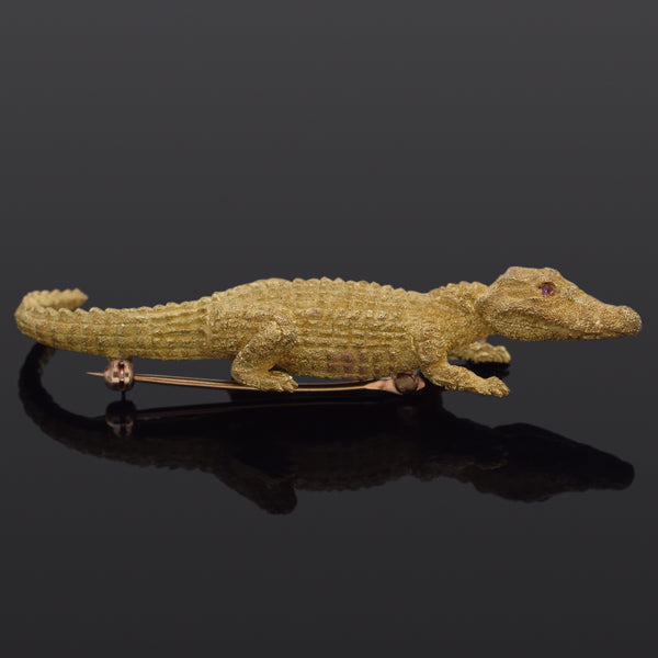 Estate Diamond & Ruby 18K Yellow Gold Alligator Crocodile Brooch Pin