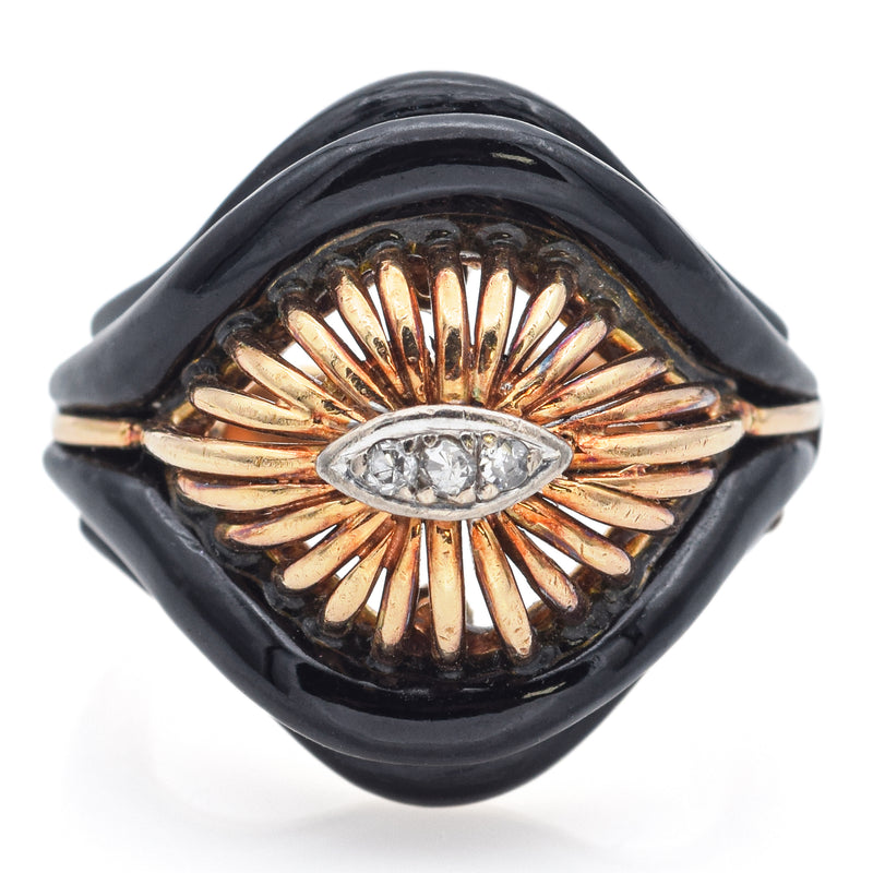 Vintage 14K Yellow Gold Black Onyx & Diamond Band Ring Size 5.5