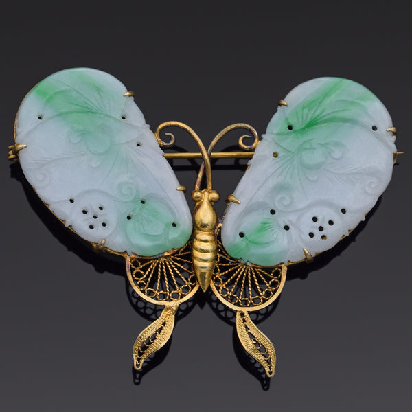 Vintage Chinese Gilt Silver Filigree Jade Butterfly Moth Brooch Pin