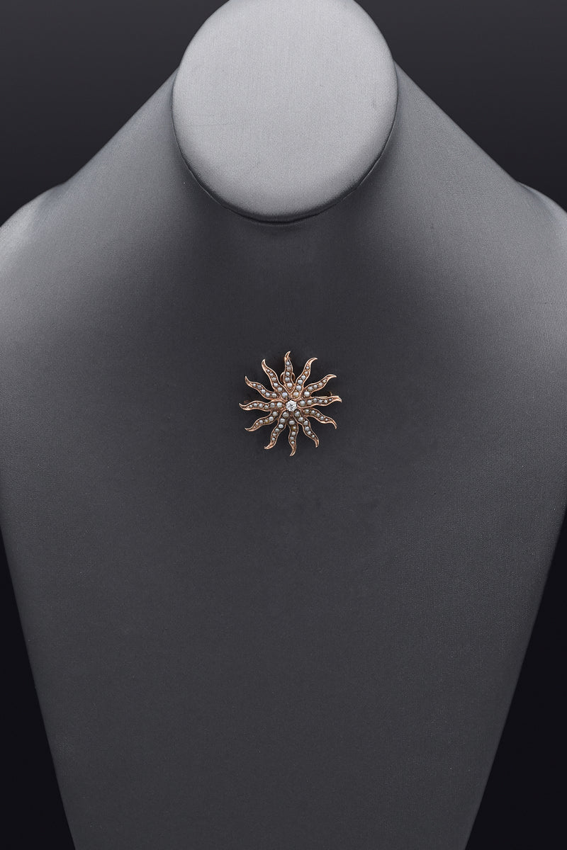 Antique 10K Yellow Gold Diamond & Pearl Sunburst Brooch Pin Pendant