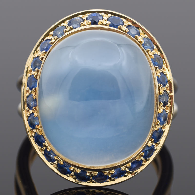 Vintage 18K Yellow Gold 18.60 Ct Moonstone & Sapphire Cocktail Ring Size 5.5