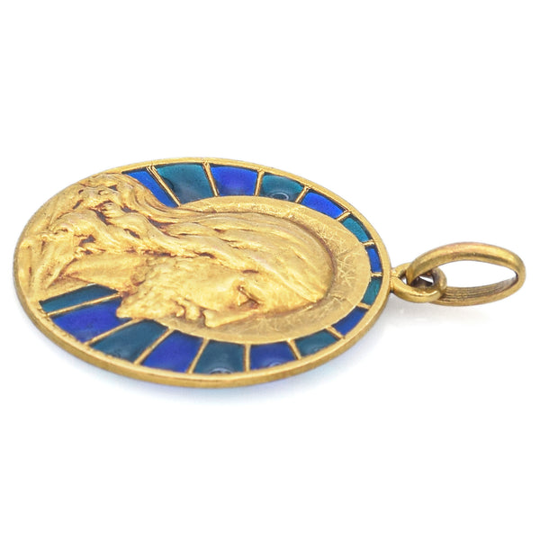 Antique French 18K Yellow Gold Plique-à-Jour Glass Jesus Medal Pendant