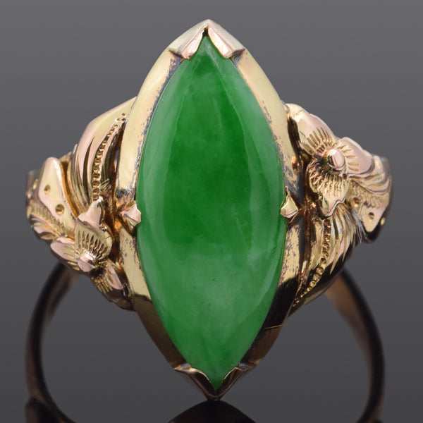Vintage Green Jade 14K Yellow Gold Marquise Cocktail Ring Size 4.5