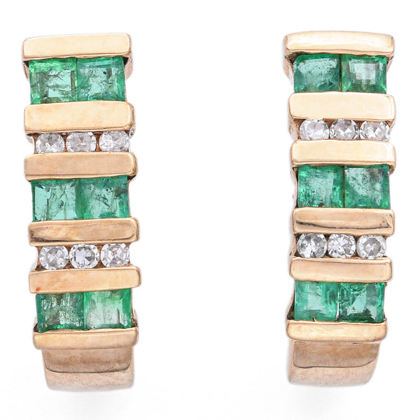 Estate 10K Yellow Gold Emerald & Diamond J-Hook Earrings