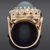 Vintage 14K Yellow Gold 12.81 Ct Aquamarine & Pearl Cocktail Ring Size 7