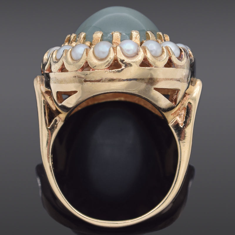 Vintage 14K Yellow Gold 12.81 Ct Aquamarine & Pearl Cocktail Ring Size 7